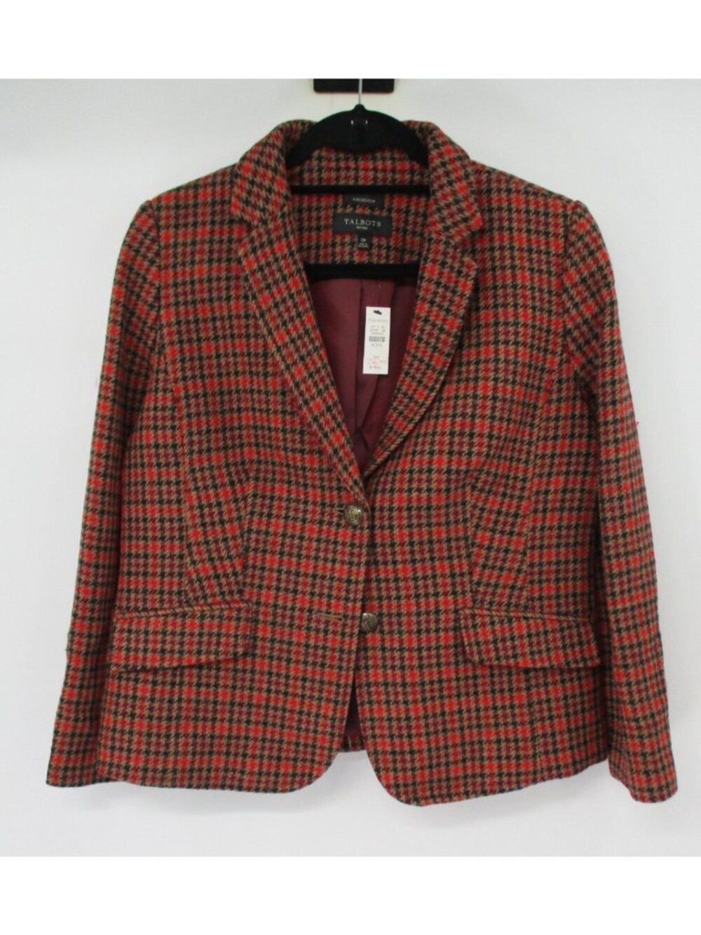 Talbots Womens 12P Red Maroon Black Houndstooth Wool Blend Blazer Aberdeen New